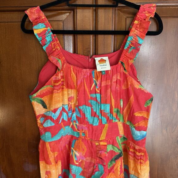 FARM Rio Midi Dress Sz Medium Red Ipanema Ruffle Sleeveless Tropical Resortwear - Picture 3 of 7